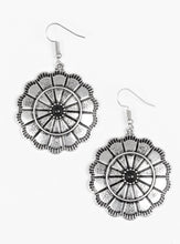 Load image into Gallery viewer, Shimmery silver petals bloom from a black center for a seasonal look. Etched in serrated edges, alternating petals have been delicately hammered in texture, adding depth and shimmer to the whimsical frame. Earring attaches to a standard fishhook fitting.  Sold as one pair of earrings.