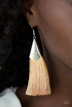 Load image into Gallery viewer, A plume of shiny brown thread streams out from a triangular silver fitting, creating a flirty tassel. Earring attaches to a standard fishhook fitting.  Sold as one pair of earrings.  Always nickel and lead free.