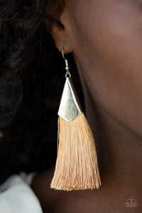 A plume of shiny brown thread streams out from a triangular silver fitting, creating a flirty tassel. Earring attaches to a standard fishhook fitting.  Sold as one pair of earrings.  Always nickel and lead free.