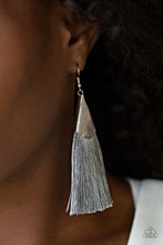 Load image into Gallery viewer, A plume of shiny gray thread streams out from a triangular silver fitting, creating a flirty tassel. Earring attaches to a standard fishhook fitting.  Sold as one pair of earrings.  Always nickel and lead free. 