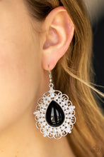 Load image into Gallery viewer, An oversized black teardrop bead is pressed into a swirling silver backdrop encrusted in a dazzling ring of glassy white rhinestones for a glamorous finish. Earring attaches to a standard fishhook fitting.  Sold as one pair of earrings.  Always nickel and lead free.  Item #P5RE-BKXX-319XX