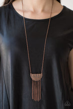 Load image into Gallery viewer, Embossed in radiating sunburst patterns, a tribal inspired pendant swings from the bottom of a glistening copper chain for a seasonal look. Dainty copper chains stream from the bottom of the crescent-shaped pendant, adding a wanderlust vibe to the indigenous look. Features an adjustable clasp closure.  Sold as one individual necklace. Includes one pair of matching earrings.