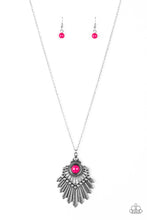 Load image into Gallery viewer, Infused with a lengthened silver chain, a polished pink bead is pressed into the center of a flared silver pendant for a bold tribal flair. Features an adjustable clasp closure.  Sold as one individual necklace. Includes one pair of matching earrings.