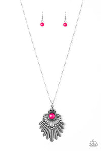 Infused with a lengthened silver chain, a polished pink bead is pressed into the center of a flared silver pendant for a bold tribal flair. Features an adjustable clasp closure.  Sold as one individual necklace. Includes one pair of matching earrings.