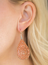Load image into Gallery viewer, Brushed in a refreshing orange finish, vine-like filigree climbs a shimmery silver teardrop for a whimsical look. Earring attaches to a standard fishhook fitting.  Sold as one pair of earrings.  