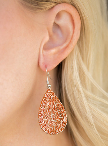 Brushed in a refreshing orange finish, vine-like filigree climbs a shimmery silver teardrop for a whimsical look. Earring attaches to a standard fishhook fitting.  Sold as one pair of earrings.  
