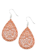 Load image into Gallery viewer, Brushed in a refreshing orange finish, vine-like filigree climbs a shimmery silver teardrop for a whimsical look. Earring attaches to a standard fishhook fitting.  Sold as one pair of earrings.