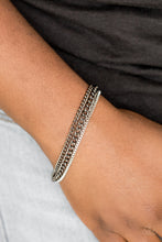 Load image into Gallery viewer, Dainty silver box chain and mismatched gunmetal chains layer across the wrist, creating a collision of industrial textures. Features an adjustable clasp closure.  Sold as one individual bracelet.  Always nickel and lead free.