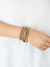 Load image into Gallery viewer, A collection of pearly brass beads and glistening brass chains are threaded along stretchy bands, creating a bold collision of industrial glamour.  Sold as one set of four bracelets.  