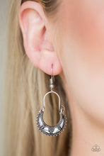 Load image into Gallery viewer, Dotted in studded details, a dainty silver crescent frame attaches to a rounded wire fitting for an indigenous look. Earring attaches to a standard fishhook fitting.  Sold as one pair of earrings.  Always nickel and lead free.
