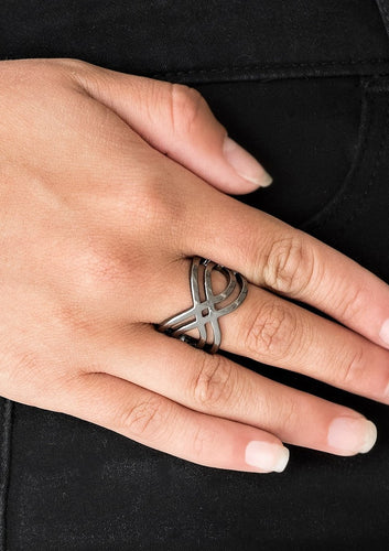 Brushed in a high-sheen finish, glistening gunmetal bars ripple across the finger, coalescing into a whimsical infinity frame. Features a stretchy band for a flexible fit.  Sold as one individual ring.  Always nickel and lead free.