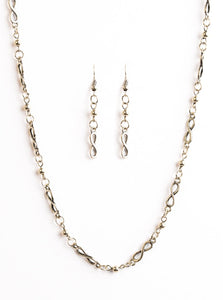 Brushed in a glistening shimmer, shiny brass beads and elegant infinity charms link into a timeless chain below the collar. Features an adjustable clasp closure.  Sold as one individual necklace. Includes one pair of matching earrings.