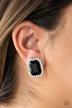 Load image into Gallery viewer, Featuring a regal emerald style cut, a dramatic black gem is pressed into the center of a silver frame radiating with glassy white rhinestones for a show-stopping look. Earring attaches to a standard clip-on fitting.  Sold as one pair of clip-on earrings.    Always nickel and lead free.