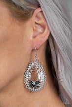 Load image into Gallery viewer, Studded filigree swirls into a frilly teardrop frame. Infused with glassy white rhinestones, smoky marquise-shaped rhinestones are pressed into a whimsical floral shape for a refined flair. Earring attaches to a standard fishhook fitting.  Sold as one pair of earrings.   Always nickel and lead free.