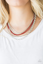 Load image into Gallery viewer, Painted in a robust finish, shiny red chains join a collision of silver chains below the collar for a daring industrial look. Features an adjustable clasp closure.  Sold as one individual necklace. Includes one pair of matching earrings.  Always nickel and lead free.