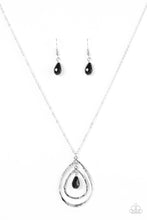 Load image into Gallery viewer, Delicately hammered, two glistening silver teardrops swing from the bottom of a shimmery silver chain. A faceted black bead dangles in the center of the teardrop pendants as the largest frame is encrusted in dazzling white rhinestones for a radiant finish. Features an adjustable clasp closure.  Sold as one individual necklace. Includes one pair of matching earrings.