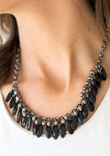 Load image into Gallery viewer, Faceted black teardrops and glistening gunmetal beads swing from the bottom of interlocking gunmetal chains, creating a spunky fringe below the collar. Features an adjustable clasp closure.  Sold as one individual necklace. Includes one pair of matching earrings. 