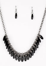 Load image into Gallery viewer, Faceted black teardrops and glistening gunmetal beads swing from the bottom of interlocking gunmetal chains, creating a spunky fringe below the collar. Features an adjustable clasp closure.  Sold as one individual necklace. Includes one pair of matching earrings.