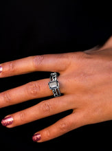 Load image into Gallery viewer, Featuring an elegant emerald style cut, a smoky rhinestone sits atop an asymmetrical silver band featuring chain-like textures. Features a dainty stretchy band for a flexible fit.  Sold as one individual ring.