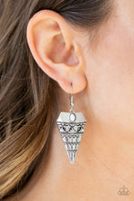 Load image into Gallery viewer, Stamped and embossed in tribal inspired patterns, an antiqued triangular frame swings from the ear. A dainty white bead is pressed into the top of the frame for a refreshing splash of color. Earring attaches to a standard fishhook fitting.  Sold as one pair of earrings.  Always nickel and lead free. 