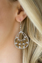 Load image into Gallery viewer, Varying in shape, glowing brown moonstones and glittery white rhinestones are sprinkled along the bottom of a shimmery silver teardrop for a whimsical look. Earring attaches to a standard fishhook fitting.  Sold as one pair of earrings.  Always nickel and lead free.