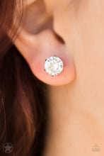 Load image into Gallery viewer, A sparkling white rhinestone is nestled inside a classic silver frame for a timeless look. Earring attaches to a standard post fitting.  Sold as one pair of post earrings.  Always nickel and lead free.