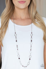 Load image into Gallery viewer, Shimmery silver hoops and glowing purple moonstone beads connect into a whimsical chain across the chest. Features an adjustable clasp closure.  Sold as one individual necklace. Includes one pair of matching earrings.  Always nickel and lead free!