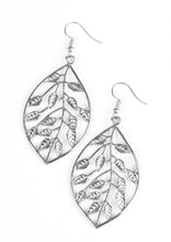 Load image into Gallery viewer, Leafy silver bars vine out across a leaf-shaped frame, creating a whimsical lure. Earring attaches to a standard fishhook fitting  Sold as one pair of earrings.