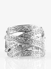 Load image into Gallery viewer, Encrusted in rows of glittery white rhinestones, shimmery silver ribbons crisscross across the finger, creating a blinding centerpiece. Features a stretchy band for a flexible fit.  Sold as one individual ring.