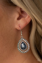 Load image into Gallery viewer, A teardrop blue rhinestone is pressed into an ornate silver teardrop frame radiating with dainty white rhinestones for a refined flair. Earring attaches to a standard fishhook fitting.  Sold as one pair of earrings.  Always nickel and lead free. 