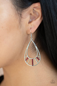 Sections of glittery red rhinestones and shimmery silver bars flare out from the bottom of a glistening silver teardrop, coalescing into an airy frame. Earring attaches to a standard fishhook fitting.  Sold as one pair of earrings.  Always nickel and lead free.