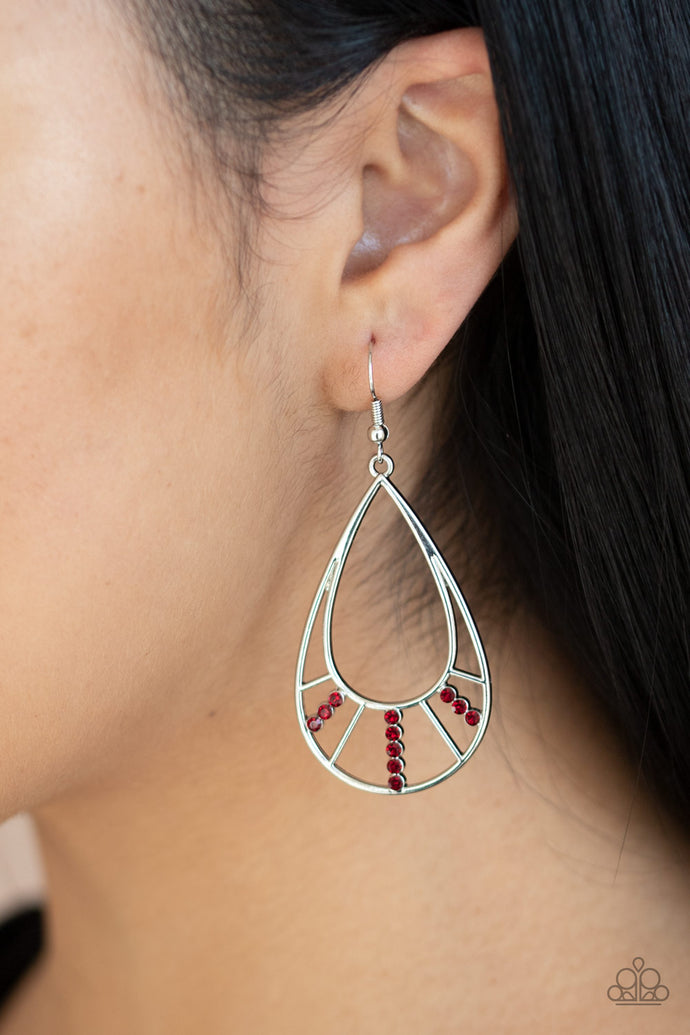 Sections of glittery red rhinestones and shimmery silver bars flare out from the bottom of a glistening silver teardrop, coalescing into an airy frame. Earring attaches to a standard fishhook fitting.  Sold as one pair of earrings.  Always nickel and lead free.
