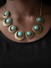 Load image into Gallery viewer, ﻿Featuring refreshing turquoise stone accents, hammered and textured circular frames link below the collar for an artisan inspired look. Features an adjustable clasp closure.  Sold as one individual necklace. Includes one pair of matching earrings.