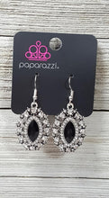 Load image into Gallery viewer, Featuring a regal marquise style cut, a glittery black rhinestone is pressed into a studded silver frame radiating with glassy white rhinestones for a timeless look. Earring attaches to a standard fishhook fitting.  Sold as one pair of earrings.  Always nickel and lead free.  EXCLUSIVE!