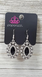 Featuring a regal marquise style cut, a glittery black rhinestone is pressed into a studded silver frame radiating with glassy white rhinestones for a timeless look. Earring attaches to a standard fishhook fitting.  Sold as one pair of earrings.  Always nickel and lead free.  EXCLUSIVE!