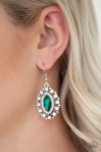 Featuring a regal marquise style cut, a glittery green rhinestone is pressed into a studded silver frame radiating with glassy white rhinestones for a timeless look. Earring attaches to a standard fishhook fitting.  Sold as one pair of earrings.  Always nickel and lead free.