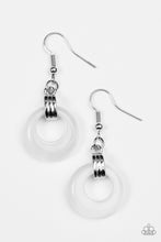 Load image into Gallery viewer, Chiseled into an alluring hoop, a glistening  moonstone swings from the bottom of a silver fitting, creating a whimsical glow. Earring attaches to a standard fishhook fitting.  Sold as one pair of earrings.