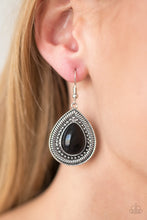 Load image into Gallery viewer, A hearty black bead is pressed into the center of a textured silver teardrop, creating a seasonal inspired look