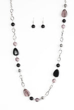 Load image into Gallery viewer, Black and polished black beading trickles along a shimmery silver chain. Classic silver beads and twisting silver accents are sprinkled between the colorful beading, adding shimmery hints to the whimsical palette. Features an adjustable clasp closure.  Sold as one individual necklace. Includes one pair of matching earrings.