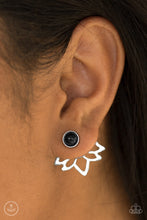 Load image into Gallery viewer, A dainty black bead attaches to a double-sided post, designed to fasten behind the ear. Brushed in a high-sheen shimmer, the floral double-sided post peeks out beneath the ear for a bold look. Earring attaches to a standard post fitting.  Sold as one pair of double-sided post earrings.  Always nickel and lead free.