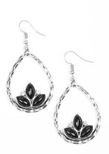 Load image into Gallery viewer, Shiny black beads adorn the bottom of a hammered silver teardrop, coalescing into a whimsical lotus pattern. Dainty white rhinestones flank the shiny beads for a refined finish. Earring attaches to a standard fishhook fitting.  Sold as one pair of earrings.
