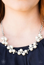 Load image into Gallery viewer, Dainty clusters of shimmery white pearls are dusted with sparkling rhinestones, creating a romantic, timeless design. Features an adjustable clasp closure.  Sold as one individual necklace. Includes one pair of matching earrings.