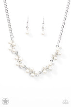 Load image into Gallery viewer, Dainty clusters of shimmery white pearls are dusted with sparkling rhinestones, creating a romantic, timeless design. Features an adjustable clasp closure.  Sold as one individual necklace. Includes one pair of matching earrings.