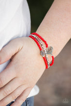 Load image into Gallery viewer, Featuring a gray resin rose and a shimmery silver heart charm, dainty red beads and faceted silver beads are threaded along stretchy bands for a vintage inspired look.  Sold as one set of three bracelets.  Always nickel and lead free.