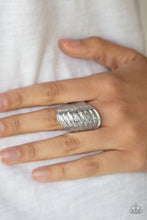 Load image into Gallery viewer,   Featuring a subtle linear pattern, a beveled silver frame sways across the finger for a casual look. Features a stretchy band for a flexible fit.  Sold as one individual ring. Always nickel and lead free.