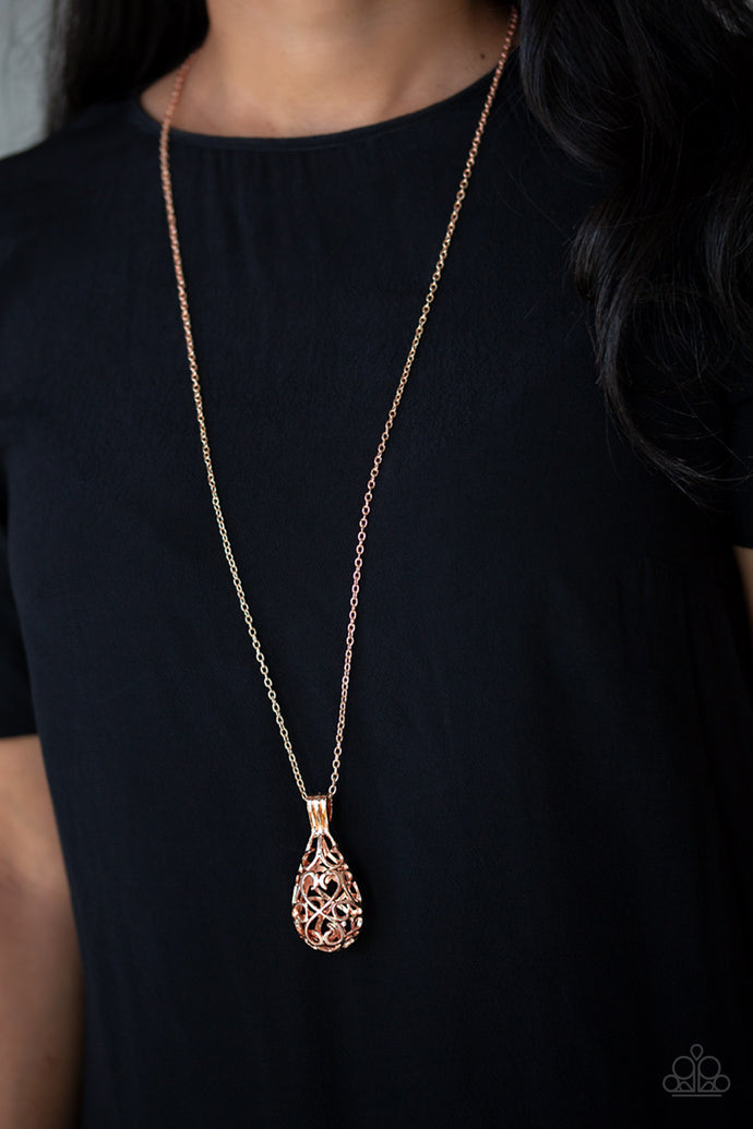Brushed in a high-sheen finish, shimmery rose gold filigree joins into an airy 3-dimensional pendant at the bottom of a lengthened rose gold chain for a whimsical look.   Sold as one individual necklace. Includes one pair of matching earrings.   Always nickel and lead free.