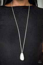 Load image into Gallery viewer, A glowing white moonstone is pressed into an asymmetrical silver frame, creating a whimsical pendant. Features an adjustable clasp closure.  Sold as one individual necklace. Includes one pair of matching earrings.  Always nickel and lead free.