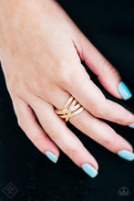 Load image into Gallery viewer, Brushed in a high-sheen finish, overlapping gold bars crisscross across the finger, creating a bold band. Features a stretchy band for a flexible fit.  Sold as one individual ring.