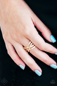 Brushed in a high-sheen finish, overlapping gold bars crisscross across the finger, creating a bold band. Features a stretchy band for a flexible fit.  Sold as one individual ring.