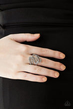 Load image into Gallery viewer, Encrusted in dainty hematite and smoky rhinestones, radiant silver ribbons wave across the finger, coalescing into a whimsical band. Features a stretchy band for a flexible fit.  Sold as one individual ring.  Always nickel and lead free.